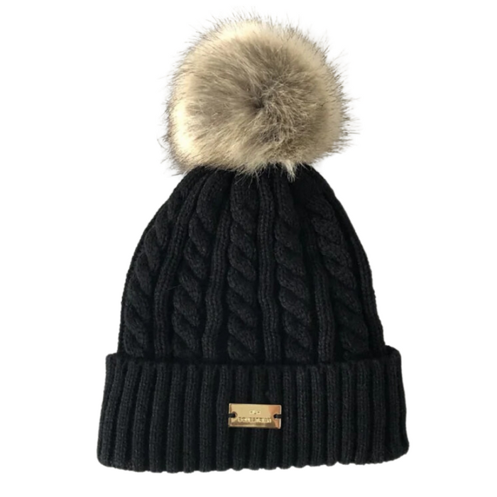 Faux Fur POM Wool Beanie - Black