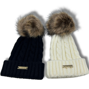 Faux Fur POM Wool Beanie - Cream