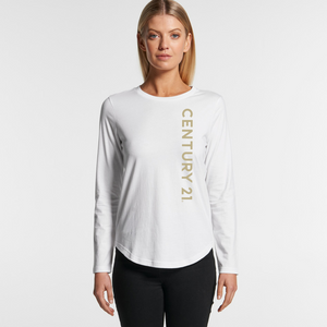 Wordmark White Curved LS Tee - Ladies